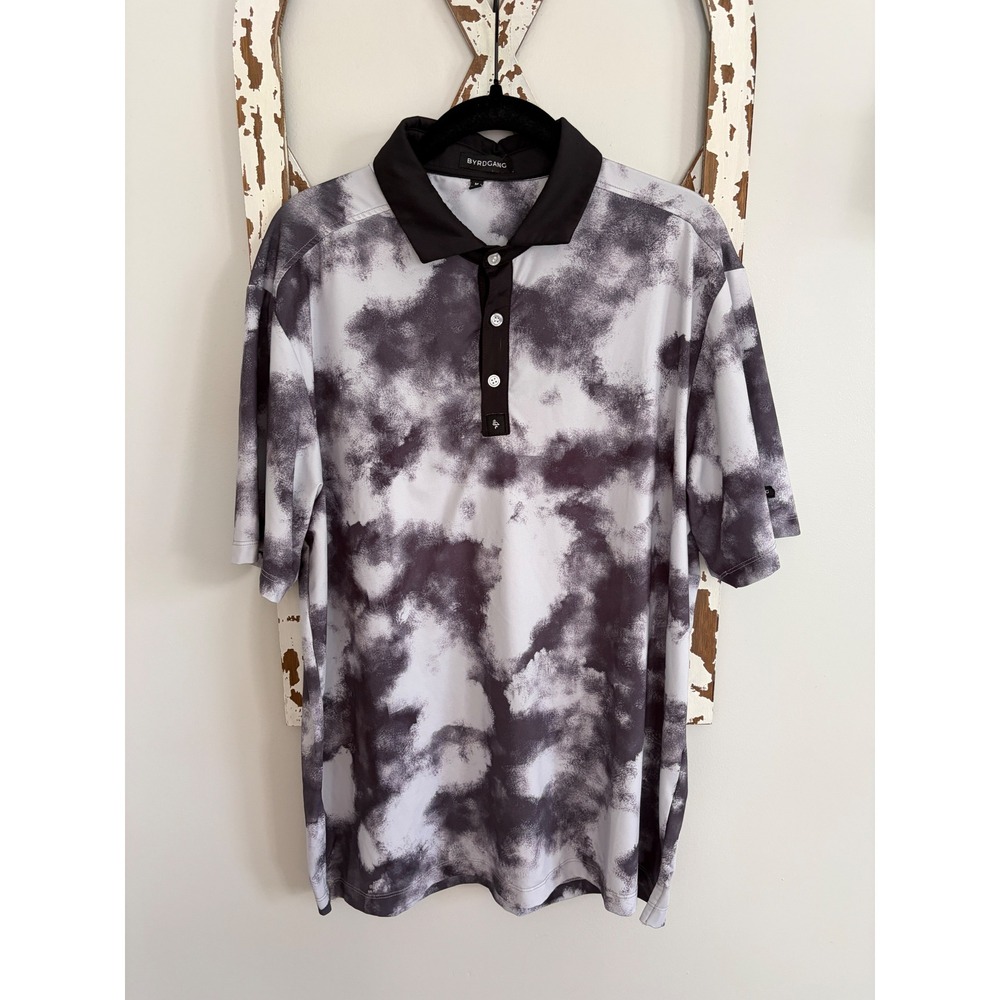BYRDGANG golf polo shirt black and white tie-dye cloud pattern size medium